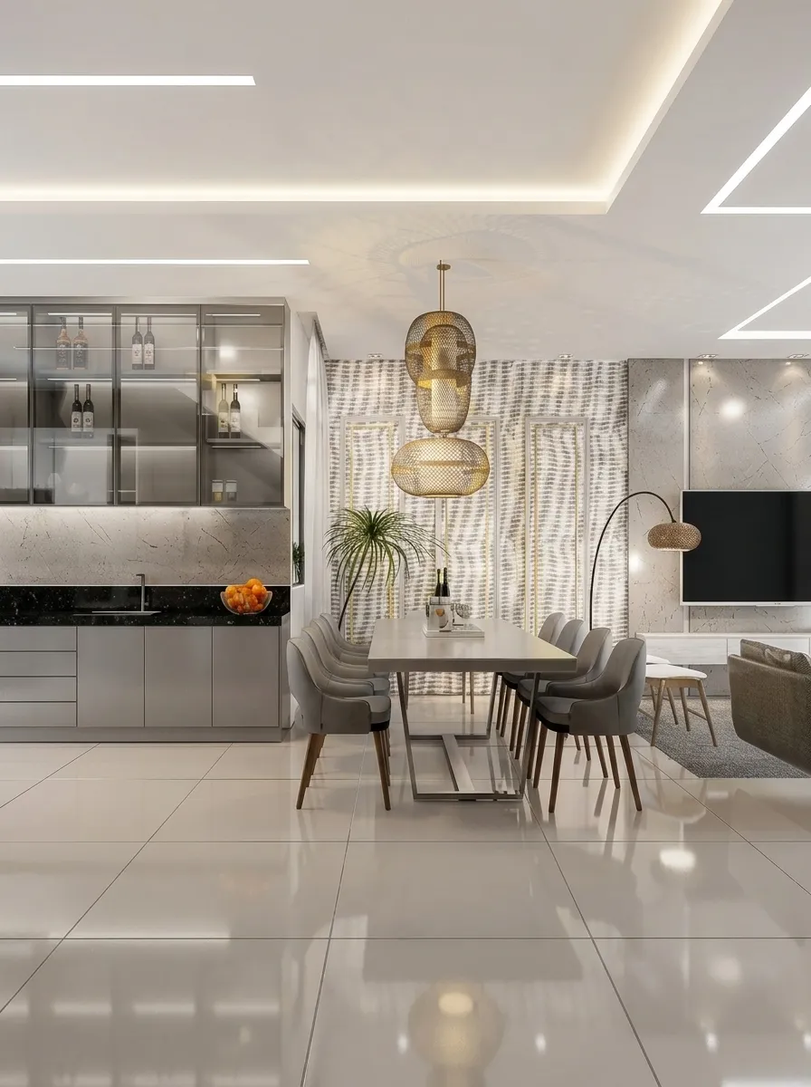 Sala de jantar integrada à cozinha com iluminação em perfil de LED