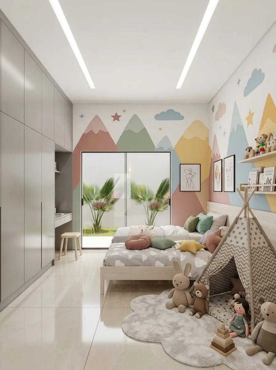 Quarto infantil com parede lúdica de montanhas em tons pastel